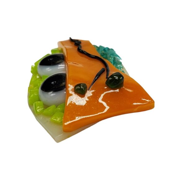 Fused Glass Art Brooch Pin Monster Big Eyes Sun Hat Blue Green Orange 2.5"x1.5" - Picture 2 of 8